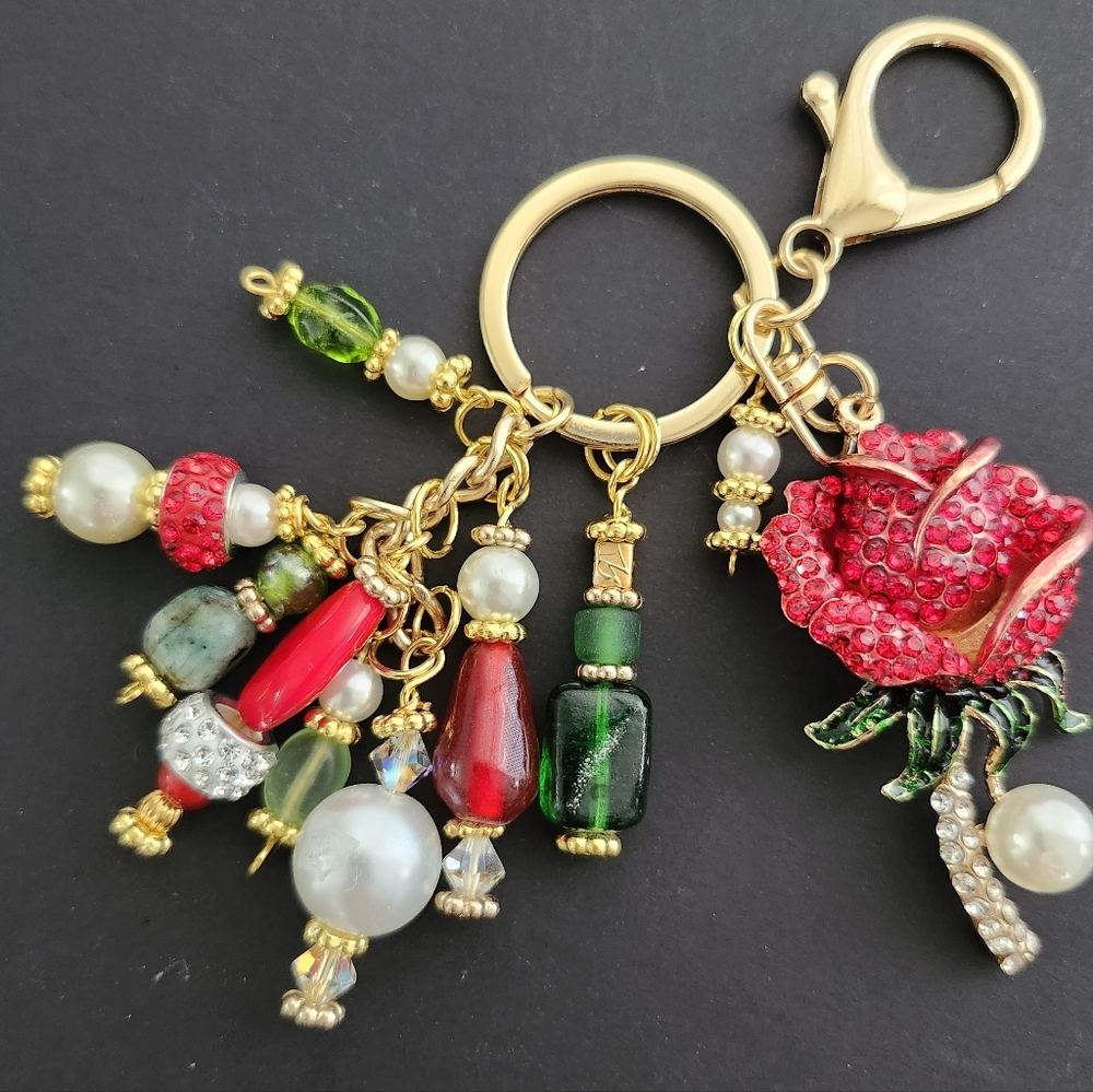 Rose Purse Charm or Keychain Glass Rondels Handcrafted